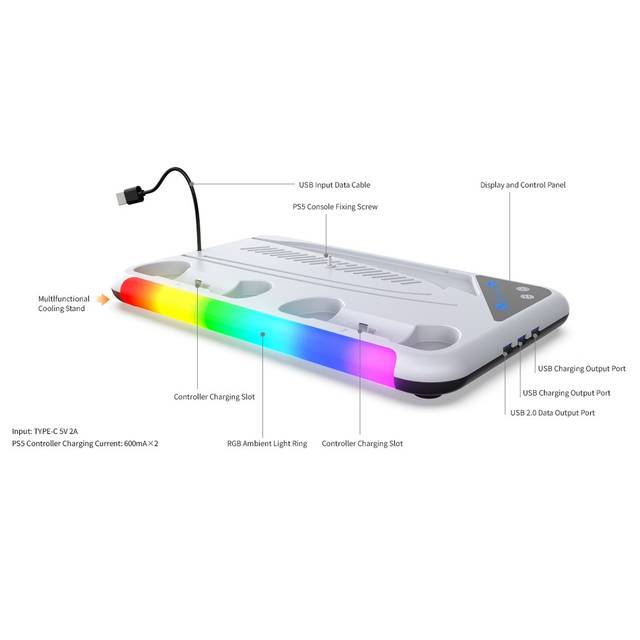 DOBE TP5-3557 PS5 / PS5 Slim Compatible RGB Multlfunctional Cooling Stand, 2 Charging Dock for Dualsense Controller | TP5-3557