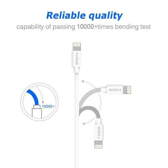 Foxsun AM001002 iPhone Charging Cable 3.3 FT/1M Lightning Cable for iPhone 7/7Plus/6/6Plus/6S/6S Plus/5/5S/5C/SE, iPad Pro/Air/Mini (White) | AM001002