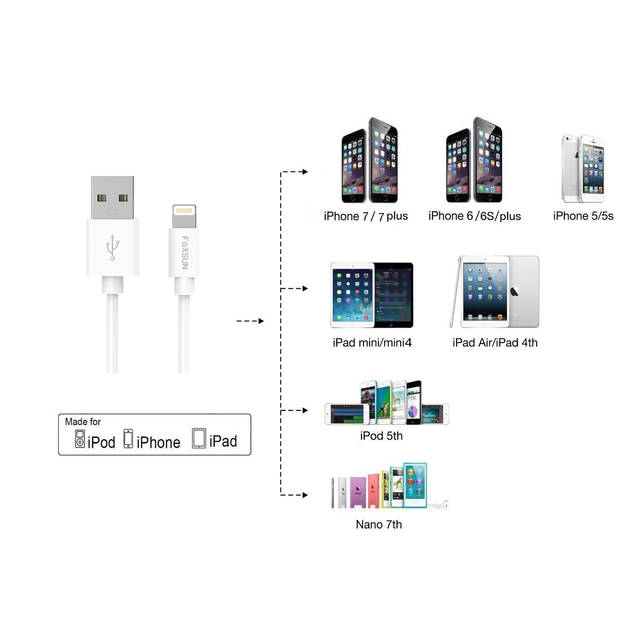 Foxsun AM001002 iPhone Charging Cable 3.3 FT/1M Lightning Cable for iPhone 7/7Plus/6/6Plus/6S/6S Plus/5/5S/5C/SE, iPad Pro/Air/Mini (White) | AM001002