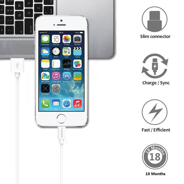 Foxsun AM001002 iPhone Charging Cable 3.3 FT/1M Lightning Cable for iPhone 7/7Plus/6/6Plus/6S/6S Plus/5/5S/5C/SE, iPad Pro/Air/Mini (White) | AM001002