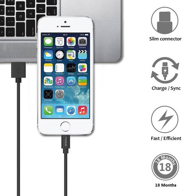 Foxsun AM001005 iPhone Charging Cable 6.6 FT/2M Lightning Cable for iPhone 7/7Plus/6/6Plus/6S/6S Plus/5/5S/5C/SE, iPad Pro/Air/Mini (Black) | AM001005