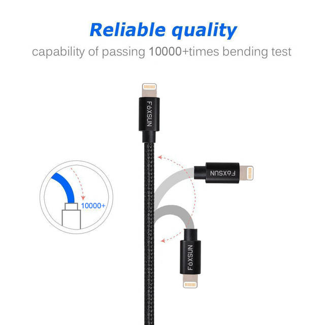 Foxsun AM001022 iPhone Charging Cable 6.6 FT/2M Nylon Braided Lightning Cable for iPhone 7/7Plus/6/6Plus/6S/6S Plus/5/5S/5C/SE, iPad Pro/Air/Mini (Black) | AM001022