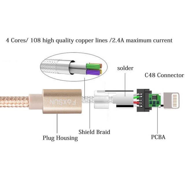 Foxsun AM001020 iPhone Charging Cable 6.6 FT/2M Nylon Braided Lightning Cable for iPhone 7/7Plus/6/6Plus/6S/6S Plus/5/5S/5C/SE, iPad Pro/Air/Mini (Gold) | AM001020