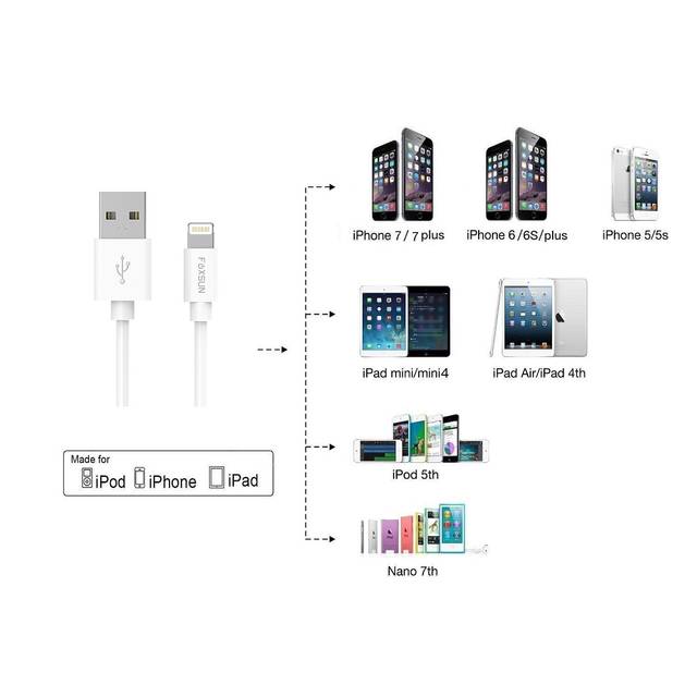 Foxsun AM001006 iPhone Charging Cable 6.6 FT/2M Lightning Cable for iPhone 7/7Plus/6/6Plus/6S/6S Plus/5/5S/5C/SE, iPad Pro/Air/Mini (White) | AM001006