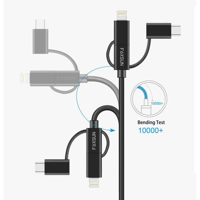 Foxsun AM001032 Multi USB Charging Cable, 6.6 FT/2M 3 in 1 Multiple USB Charger Cable with 8Pin Lightning /USB Type C/Micro USB Connector for iPhone, Samsung, LG, Nexus Smartphones and More, MFI Certified (Black) | AM001032