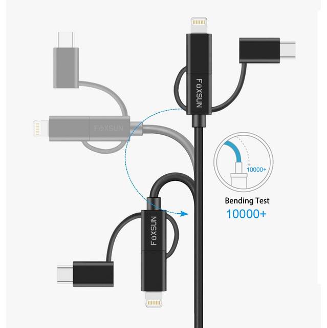 Foxsun AM001032 Multi USB Charging Cable, 6.6 FT/2M 3 in 1 Multiple USB Charger Cable with 8Pin Lightning /USB Type C/Micro USB Connector for iPhone, Samsung, LG, Nexus Smartphones and More, MFI Certified (Black) | AM001032