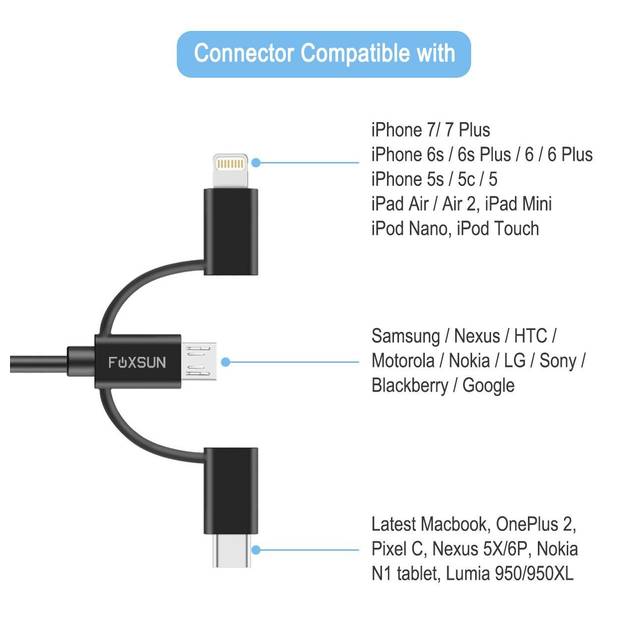 Foxsun AM001032 Multi USB Charging Cable, 6.6 FT/2M 3 in 1 Multiple USB Charger Cable with 8Pin Lightning /USB Type C/Micro USB Connector for iPhone, Samsung, LG, Nexus Smartphones and More, MFI Certified (Black) | AM001032