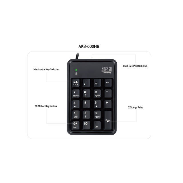 ADESSO AKB-600HB 19-Key Mechanical Keypad with 3-Port USB Hub | AKB-600HB