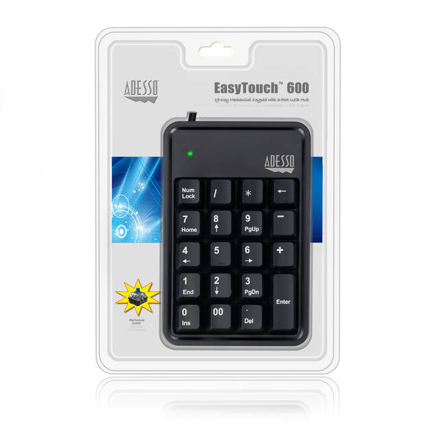 ADESSO AKB-600HB 19-Key Mechanical Keypad with 3-Port USB Hub | AKB-600HB