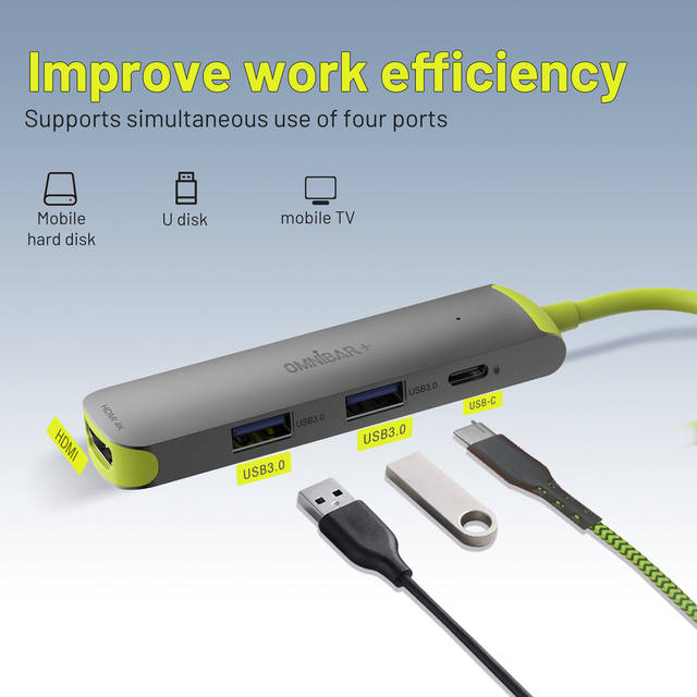 OMNIBARPLUS USB C Hub, 4-in-1 Multiport Adapter with 4K HDMI, 100W PD Charging Ports, 2 X 5Gbps USB 3.0 Ports for MacBook Pro, Air, iPad Pro | OMN-HUB-4P60B-3 O16-000014