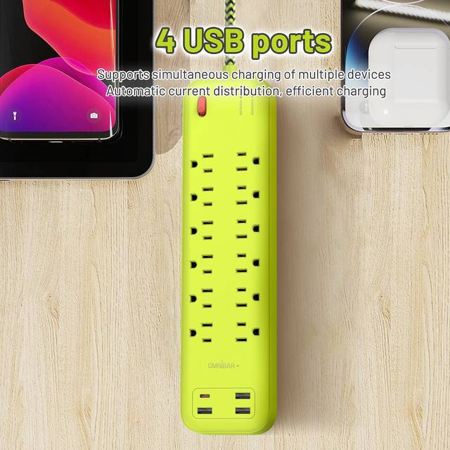 OMNIBARPLUS 6 Ft Power Strip Surge Protector - 12 Outlets 4 USB Ports (3 USB A), Maxpw Ultra Thin Flat Extension Cord & Flat Plug, 1700 Joules, Desk Charging Station for Home Office Dorm (yellow-green) | OMN-PSK-XPUSB-4 O16-000019