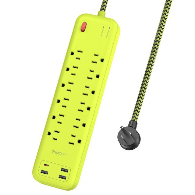 OMNIBARPLUS 6 Ft Power Strip Surge Protector - 12 Outlets 4 USB Ports (3 USB A), Maxpw Ultra Thin Flat Extension Cord & Flat Plug, 1700 Joules, Desk Charging Station for Home Office Dorm (yellow-green) | OMN-PSK-XPUSB-4 O16-000019