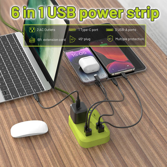 OMNIBARPLUS 6 Ft Power Strip Surge Protector - 2 Outlets 4 USB Ports (3 USB A), Maxpw Ultra Thin Flat Extension Cord & Flat Plug, 1700 Joules, Desk Charging Station for Home Office Dorm (yellow-green) | OMN-PSK-XPUSB-1 O16-000016