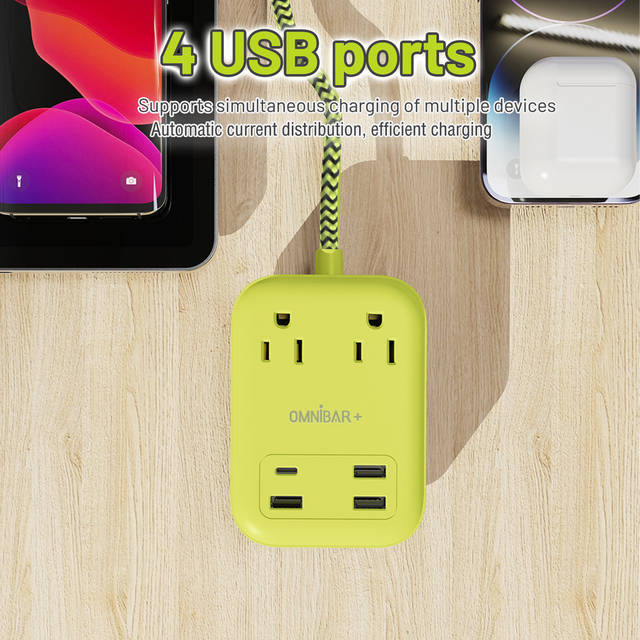 OMNIBAR 6 Ft Power Strip Surge Protector - 2 Outlets 4 USB Ports (3 USB A), Maxpw Ultra Thin Flat Extension Cord & Flat Plug, 1700 Joules, Desk Charging Station for Home Office Dorm (yellow-green) | OMN-PSK-XPUSB-1 O16-000016