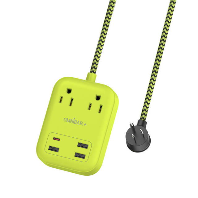 OMNIBAR 6 Ft Power Strip Surge Protector - 2 Outlets 4 USB Ports (3 USB A), Maxpw Ultra Thin Flat Extension Cord & Flat Plug, 1700 Joules, Desk Charging Station for Home Office Dorm (yellow-green) | OMN-PSK-XPUSB-1 O16-000016