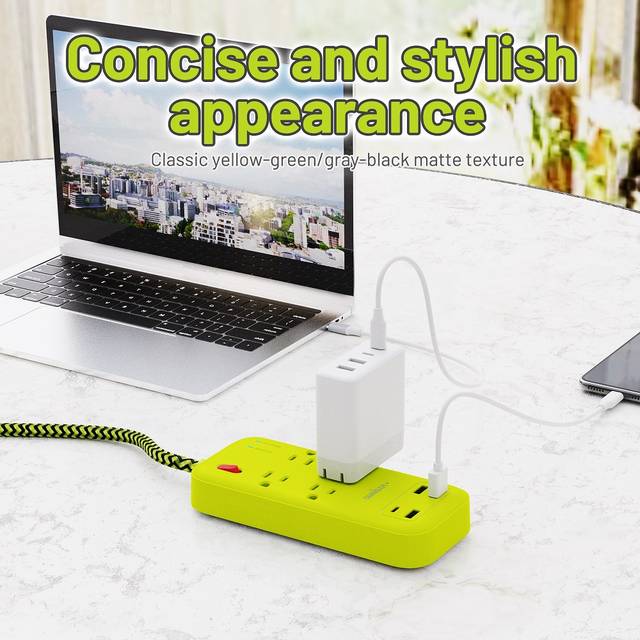 OMNIBARPLUS 6 Ft Power Strip Surge Protector - 4 Outlets 4 USB Ports (3 USB A), Maxpw Ultra Thin Flat Extension Cord & Flat Plug, 1700 Joules, Desk Charging Station for Home Office Dorm (yellow-green) | OMN-PSK-XPUSB-2 O16-000017