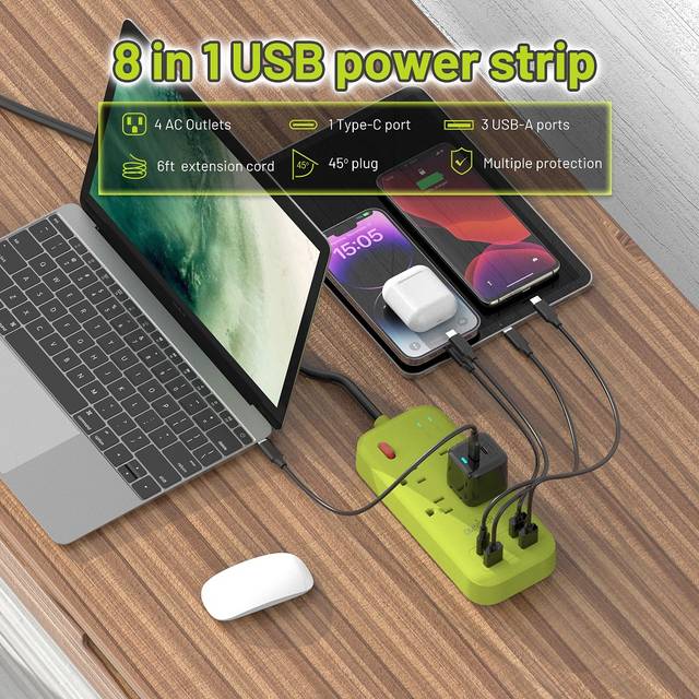 OMNIBARPLUS 6 Ft Power Strip Surge Protector - 4 Outlets 4 USB Ports (3 USB A), Maxpw Ultra Thin Flat Extension Cord & Flat Plug, 1700 Joules, Desk Charging Station for Home Office Dorm (yellow-green) | OMN-PSK-XPUSB-2 O16-000017