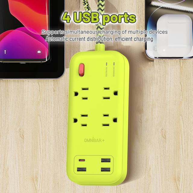 OMNIBARPLUS 6 Ft Power Strip Surge Protector - 4 Outlets 4 USB Ports (3 USB A), Maxpw Ultra Thin Flat Extension Cord & Flat Plug, 1700 Joules, Desk Charging Station for Home Office Dorm (yellow-green) | OMN-PSK-XPUSB-2 O16-000017