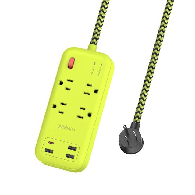 OMNIBARPLUS 6 Ft Power Strip Surge Protector - 4 Outlets 4 USB Ports (3 USB A), Maxpw Ultra Thin Flat Extension Cord & Flat Plug, 1700 Joules, Desk Charging Station for Home Office Dorm (yellow-green) | OMN-PSK-XPUSB-2 O16-000017