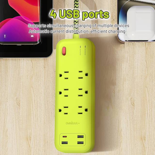 OMNIBARPLUS 6 Ft Power Strip Surge Protector - 6 Outlets 4 USB Ports (3 USB A), Maxpw Ultra Thin Flat Extension Cord & Flat Plug, 1700 Joules, Desk Charging Station for Home Office Dorm (yellow-green) | OMN-PSK-XPUSB-3 O16-000018