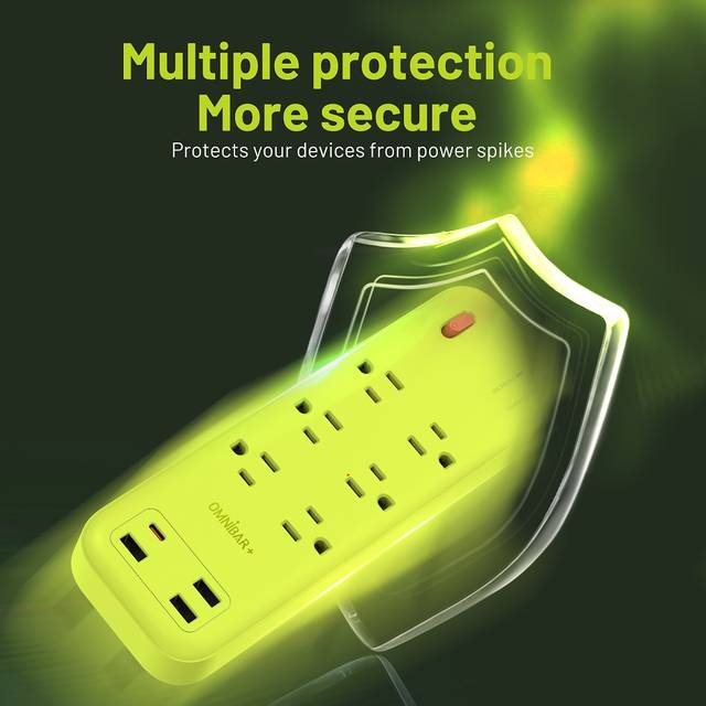 OMNIBARPLUS 6 Ft Power Strip Surge Protector - 6 Outlets 4 USB Ports (3 USB A), Maxpw Ultra Thin Flat Extension Cord & Flat Plug, 1700 Joules, Desk Charging Station for Home Office Dorm (yellow-green) | OMN-PSK-XPUSB-3 O16-000018